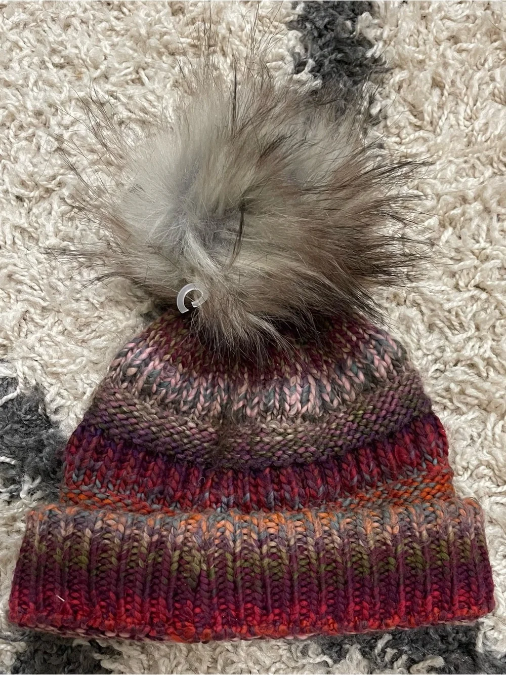 David and Young Multicolor Knit Pom Beanie in Burgundy, Purple, Green and Orange
